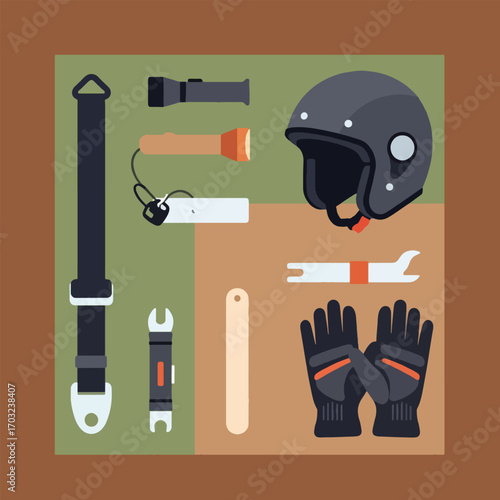 A collection of safety and emergency equipment including a helmet, flashlights, gloves, and tools.