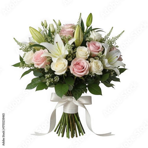 A beautiful bouquet of pink and white roses and lilies tied with a white ribbon, isolated on a transparent background