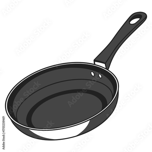 Round black frying pan with handle.
