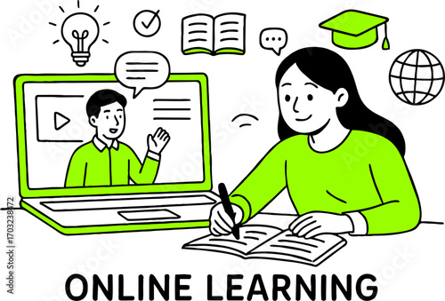 Flat design concept of online education, training and courses, learning, video tutorials. Vector illustration for website banner, marketing material, presentation template, online advertising.