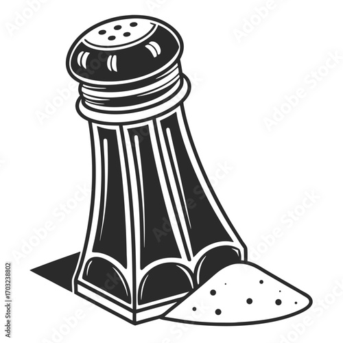 Salt shaker with spilled salt in a vintage style.
