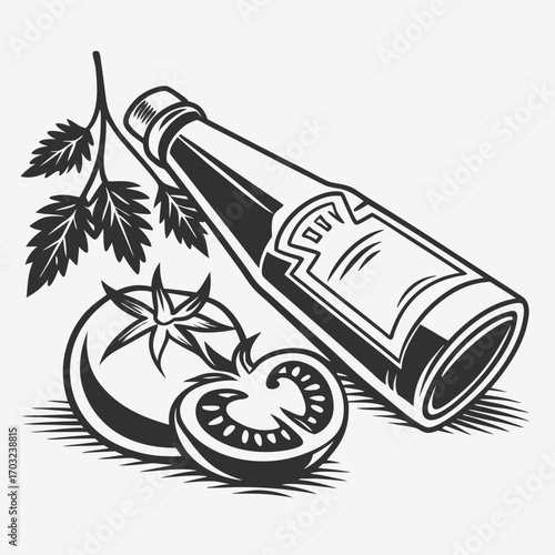 Ketchup bottle with fresh tomatoes and herbs in a vintage style illustration.