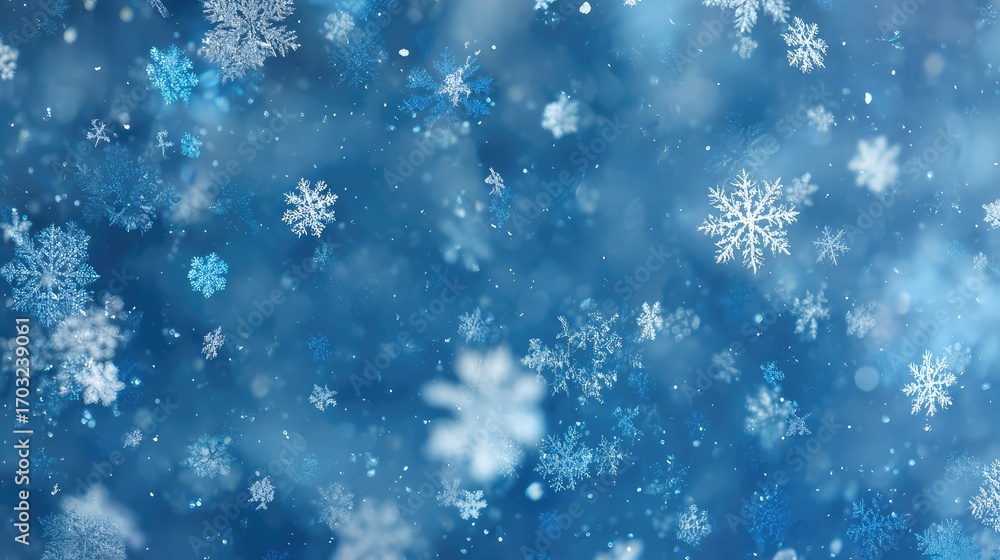 Fototapeta premium White and silver snowflakes are spread out across the blue background
