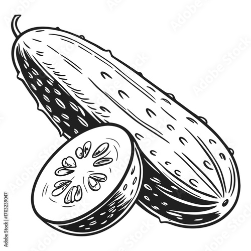 Detailed Line Art of a Cucumber and Slice.