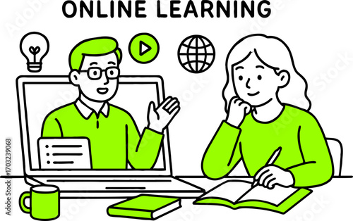 Flat design concept of online education, training and courses, learning, video tutorials. Vector illustration for website banner, marketing material, presentation template, online advertising.