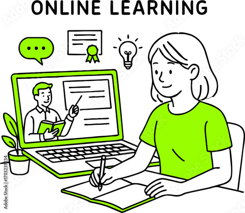 Flat design concept of online education, training and courses, learning, video tutorials. Vector illustration for website banner, marketing material, presentation template, online advertising.
