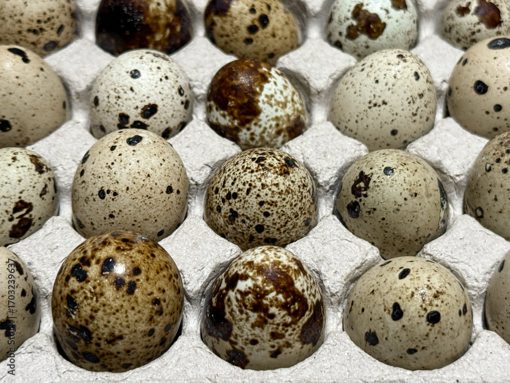 Obraz premium Fresh quail eggs in a tray top view on a wooden table ready for sale. Quail eggs arranged on the egg tray. Raw quail eggs on a culinary background. The concept of proper nutrition, healthy lifestyle. 