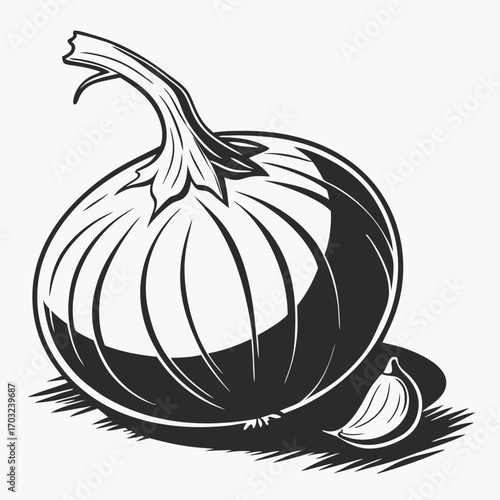 Monochrome Illustration of an Onion and Garlic Clove.