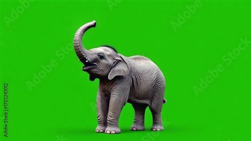 Baby elephant standing with trunk raised on a vibrant green screen background in studio shot animal green screen video
