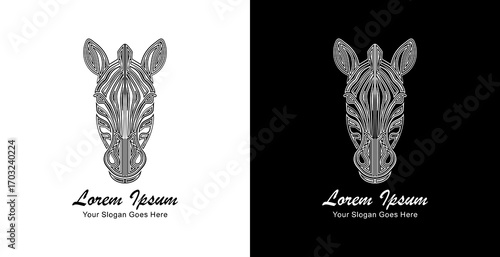 Desain logo berbentuk kepala zebra dengan tampilan depan dan dibuat menggunakan garis-garis tebal yang membentuk pola berlapis