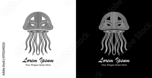 A jellyfish shaped logo design created using thick lines that form a layered pattern