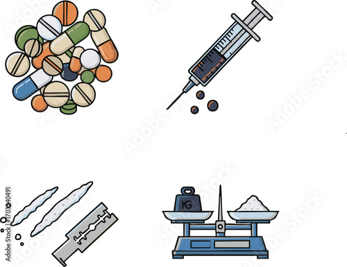 Pile of pills, syringe, razor blade and cocaine, and scales with powder represent drug abuse and addiction in a stark and concerning manner.