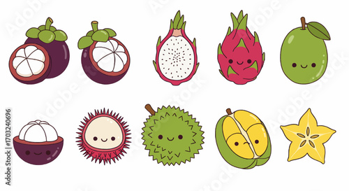 A charming collection of cute kawaii tropical fruits. Set of cartoon characters including durian, mangosteen, dragon fruit, and star fruit icons