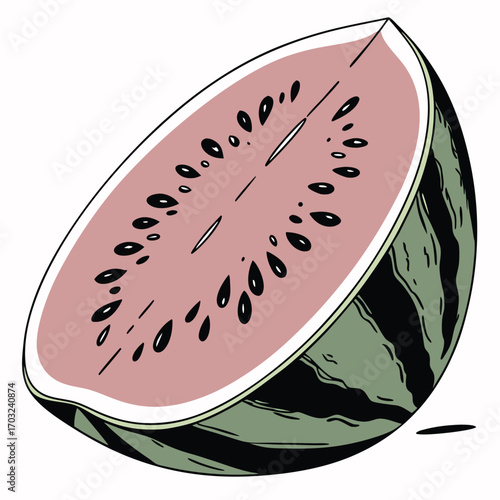 Freshly cut watermelon slice reveals juicy pink flesh and black seeds.