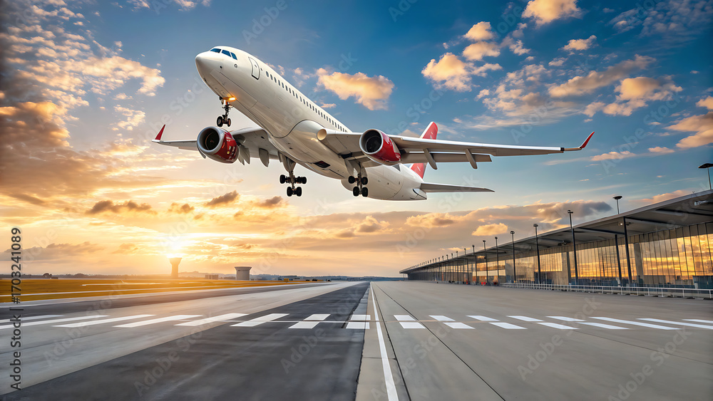 Obraz premium capturing a modern airport terminal interior with a large glass window overlooking the tarmac.