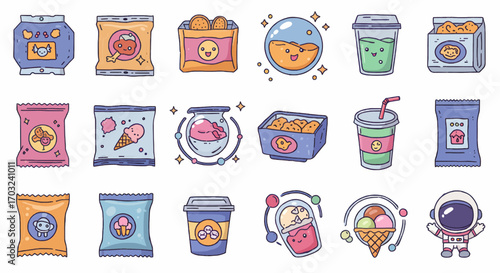 Adorable collection of cosmic-themed junk food and sweet drink icons in a whimsical kawaii cartoon style