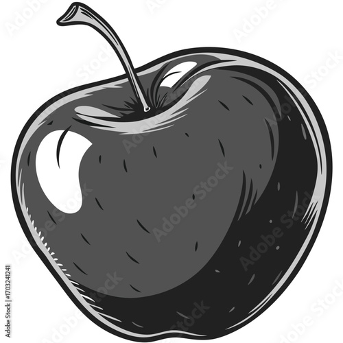 Stylized Black and White Apple Illustration with Stem.
