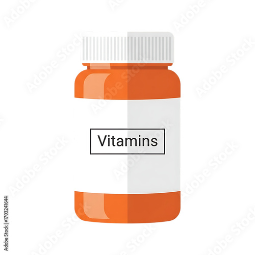 Orange pill bottle labeled vitamins and white cap representing health and wellness supplements