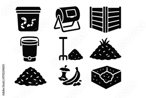 Pit pile vector icon outdoor compost tumbler set composting fermentation slat worm