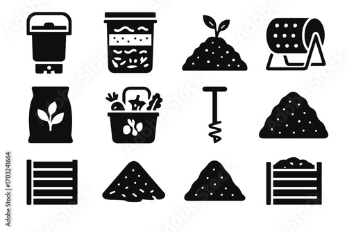 Layers grid vector pile icons composter aerator composting caddy icon scraps tool