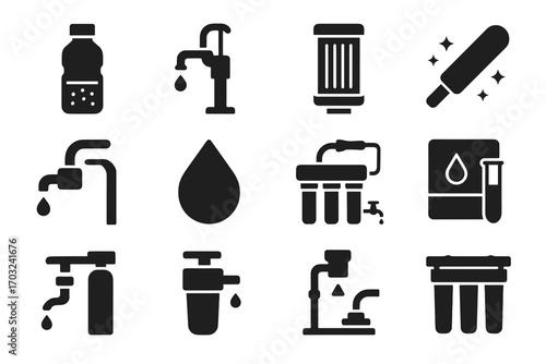 Vector purification system icons household outdoor water bottle icon disinfection device unit