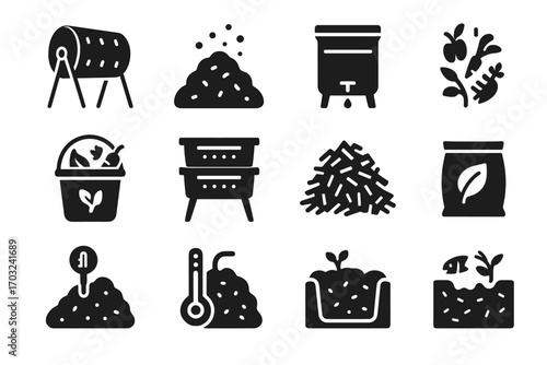 Vector tray bucket set soil shredded compost system icons composting bokashi bin
