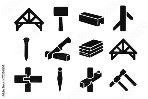Saw stacked framing truss mallet icons roof assembly beam timber icon vector