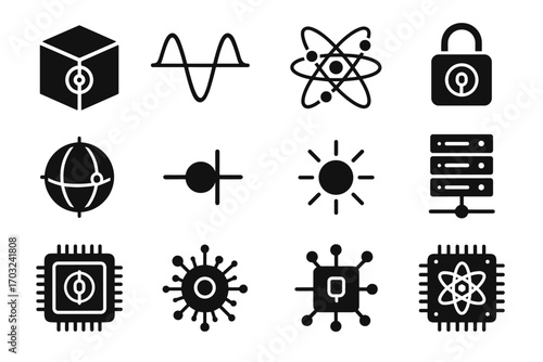 Vector entangled key rack icons atoms icon gate cube computing chip server