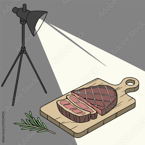 Delicious Sliced Steak on a Wooden Board Under a Spotlight.