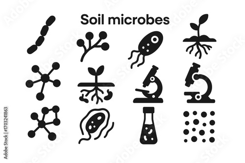 Vector bacteria conidia germination icon exudate soil microbe microbial network dots
