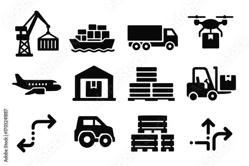 Cargo ship jet lifting icons logistics icon trailer full drone stacked heavy