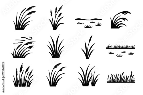 Vector wide breeze tuft bending dense icons isolated grass plain icon scene