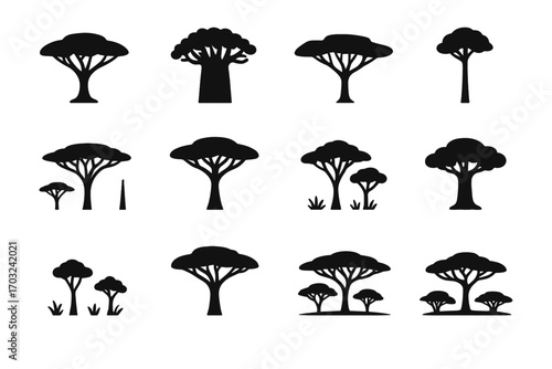 Sparse vector wide icons thin tall trunk savannah icon shrubs scattered tree