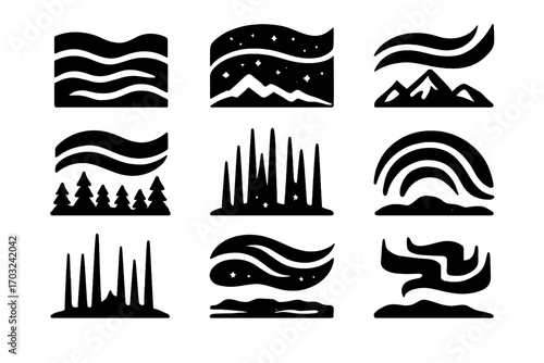 Icon silhouette horizon vertical set ice light snowy trees aurora vector