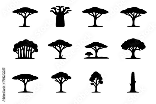 Vector solitary icon tree trees icons umbrella baobab grove trunk savannah silhouette