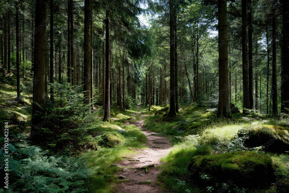 Obraz premium Sunlit path through a dense forest (3)