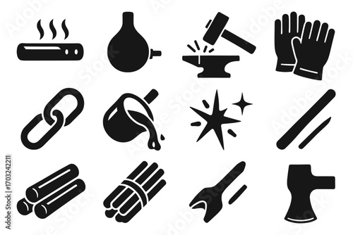 Iron crucible molten metal rod hammer chain vector icon spark icons forging