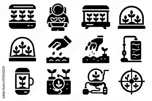 Garden icons farming space farm vector icon air tray planting seeds plant