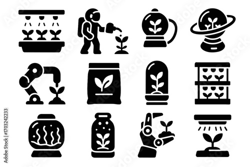 Sprout capsule hydroponic vector robotic icons lights space tray pod icon cultivation