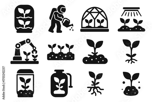 Gravity lights farming vector led icons module watering space nutrient icon container