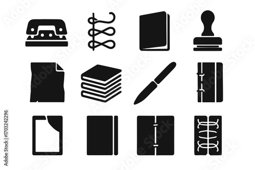 Spine decorative set book hole vector binding bookbinding icon paper embossing signatures
