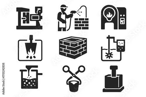Icons icon machine feeding sprayer temperature metal crucible casting vector refractory aid