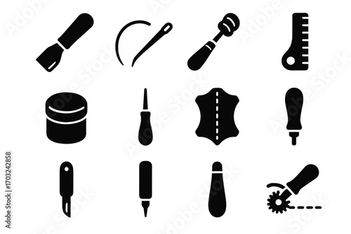 Tools stitching leather thread block saddle roller craft stitch vector icon curved