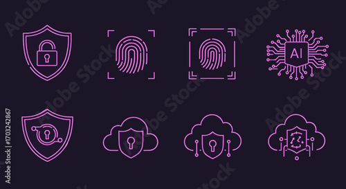 A modern set of neon line art icons representing concepts of cybersecurity, biometrics, artificial intelligence, and secure cloud computing