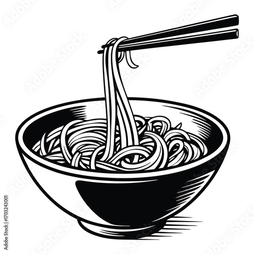 Bowl of Noodles with Chopsticks Ready to Eat Delicious Meal.