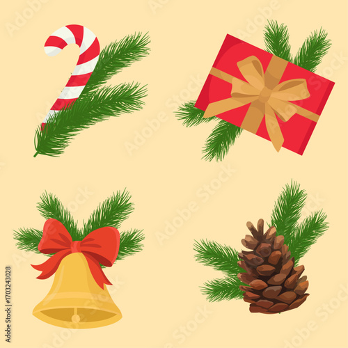 Christmas decorations Present cone bells Green fir tree branches Winter holidays