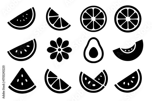 Icon thin fruit pieces icons vector slice silhouettes wedge floral ringed