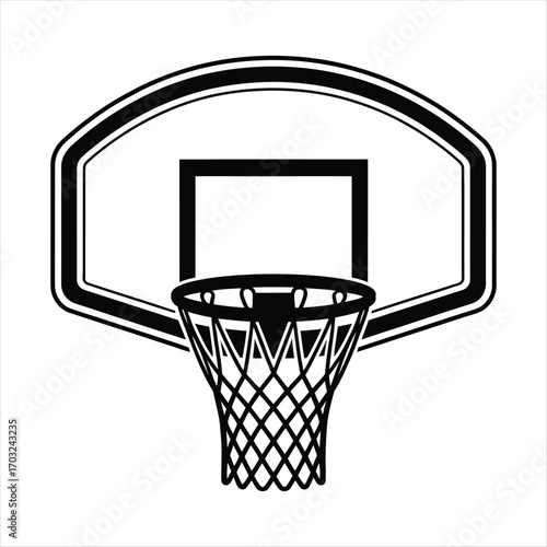Monochrome basketball hoop illustration sports equipment with net and backboard in simplistic black and white vector design representing athletic competition and recreational game activity