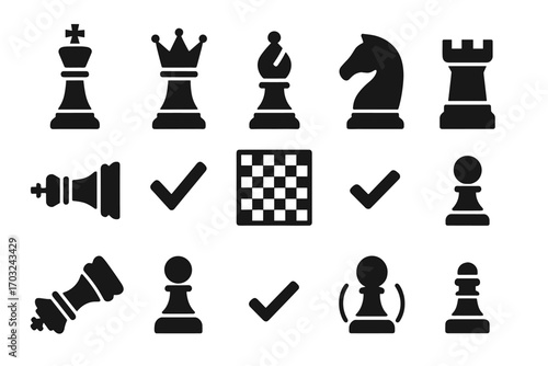 Icons symbol tower chess king piece as captured bishop icon knight diagonal