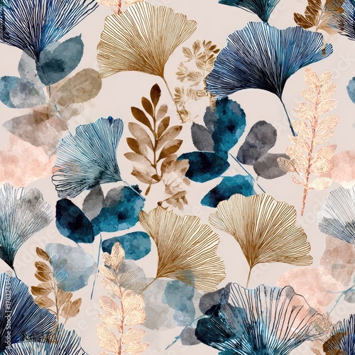 A seamless pattern featuring watercolor-style ginkgo and eucalyptus leaves in muted blues, golds, and pinks on a pale background